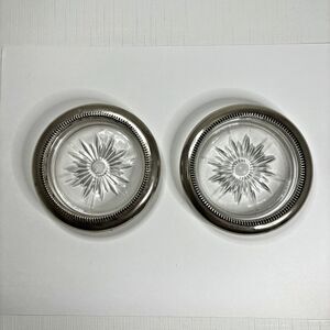 Silverplate Crystal Starburst Coasters Leonard Signed Set 2 Vintage Mid Century